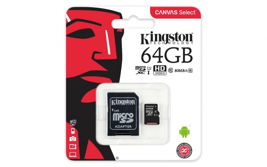 Imagine Card de memorie micro SDXC Canvas Select 64GB clasa 10 + adaptor SD, Kingston SDCS/64GB