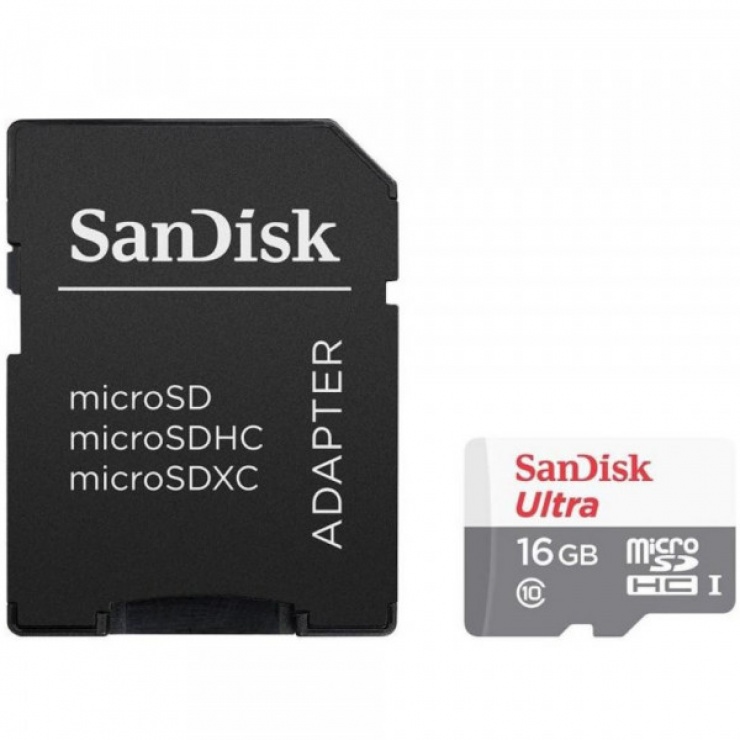 Imagine Card de memorie micro SDHC 16GB clasa 10 + adaptor SD, Sandisk Ultra