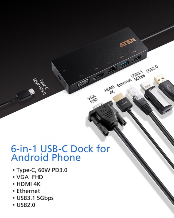 Imagine Docking station USB-C la 1 x HDMI 4K@30Hz, 1 x VGA, 1 x Gigabit, 1 x USB-A-2