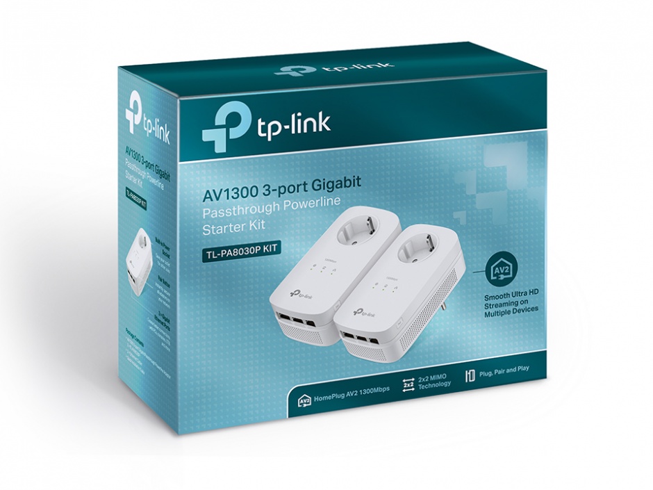 Imagine Kit 2 Adaptoare Powerline AV1200 cu 3 porturi Gigabit si Passthrough TL-PA8030PKIT-1