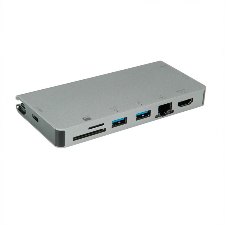 Imagine Docking station USB-C la HDMI 4K60Hz/VGA/2 x USB 3.1 Gen 1/LAN/PD/Cititor de carduri, Roline 12.02.1022