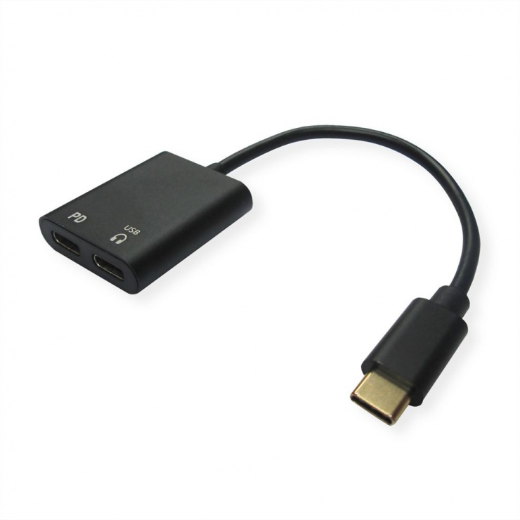 Imagine Adaptor USB-C la 2 x USB-C (audio + alimentare PD) T-M 0.13m Negru, Roline 12.03.3219