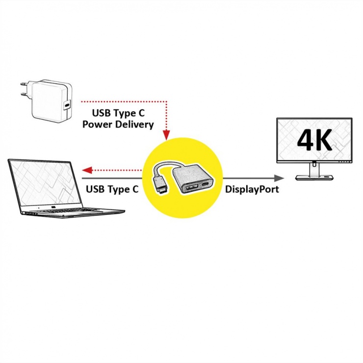 Imagine Adaptor USB-C la Displayport v1.2 + 1 x USB-C PD (Power Delivery) T-M, Roline 12.03.3221 