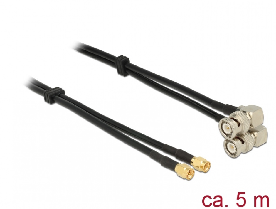 Imagine Cablu dublu antena SMA plug la BNC plug 90° RG-58 A/U 5 m, Delock 12470
