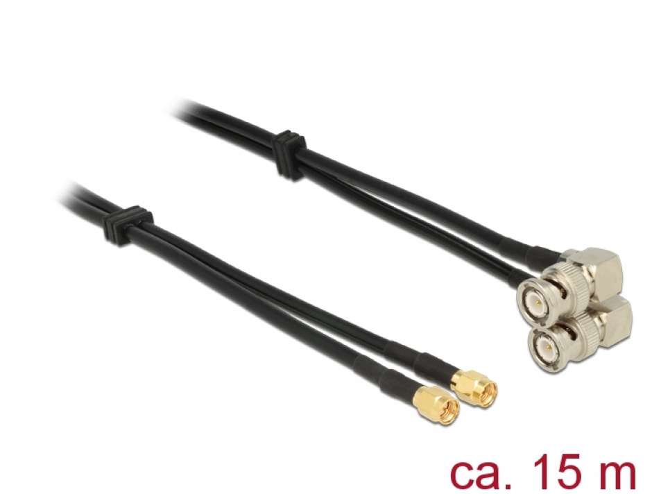 Imagine Cablu dublu antena SMA plug la BNC plug 90° RG-58 A/U 15m, Delock 12473