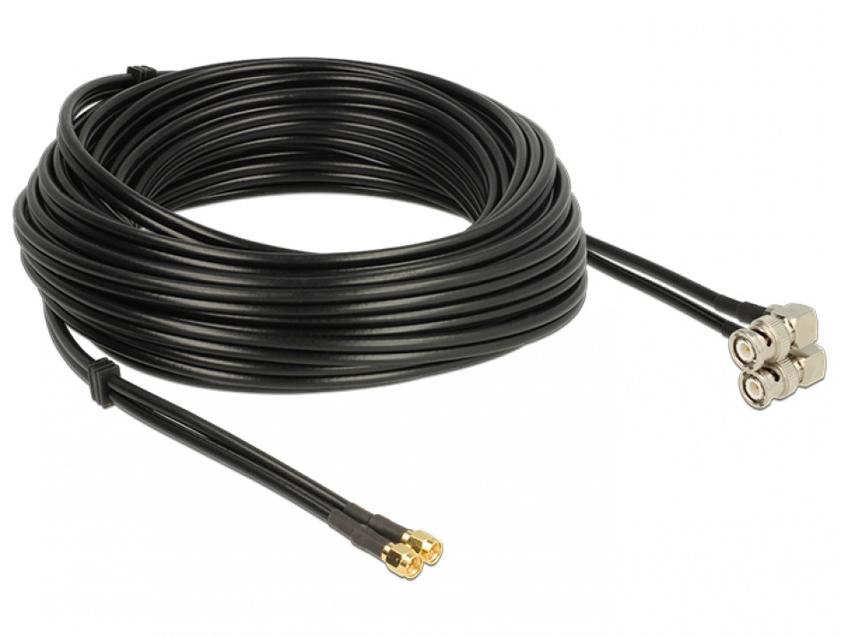 Imagine Cablu dublu antena SMA plug la BNC plug 90° RG-58 A/U 15m, Delock 12473