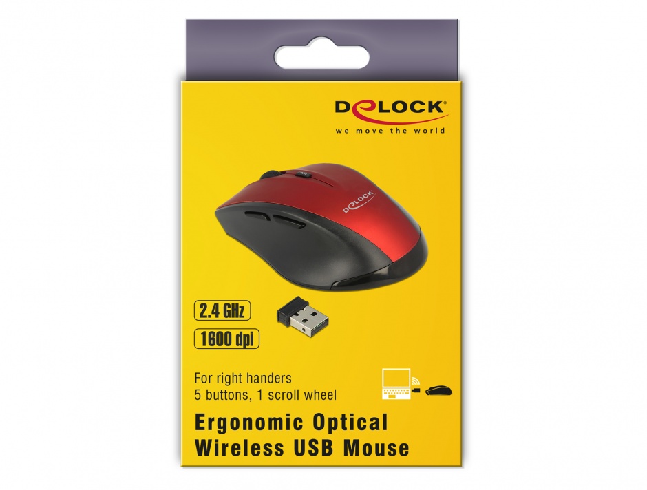 Imagine Mouse wireless ergonomic Negru/Rosu, Delock 12493