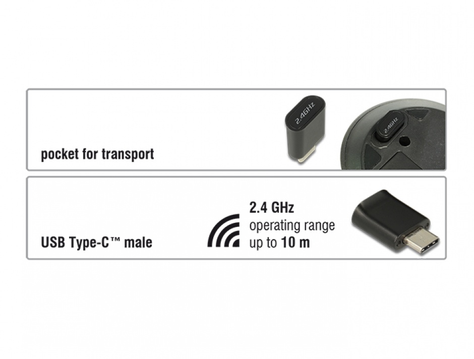 Imagine Mouse wireless optic 2.4 GHz 3 butoane si receptor USB-C, Delock 12526
