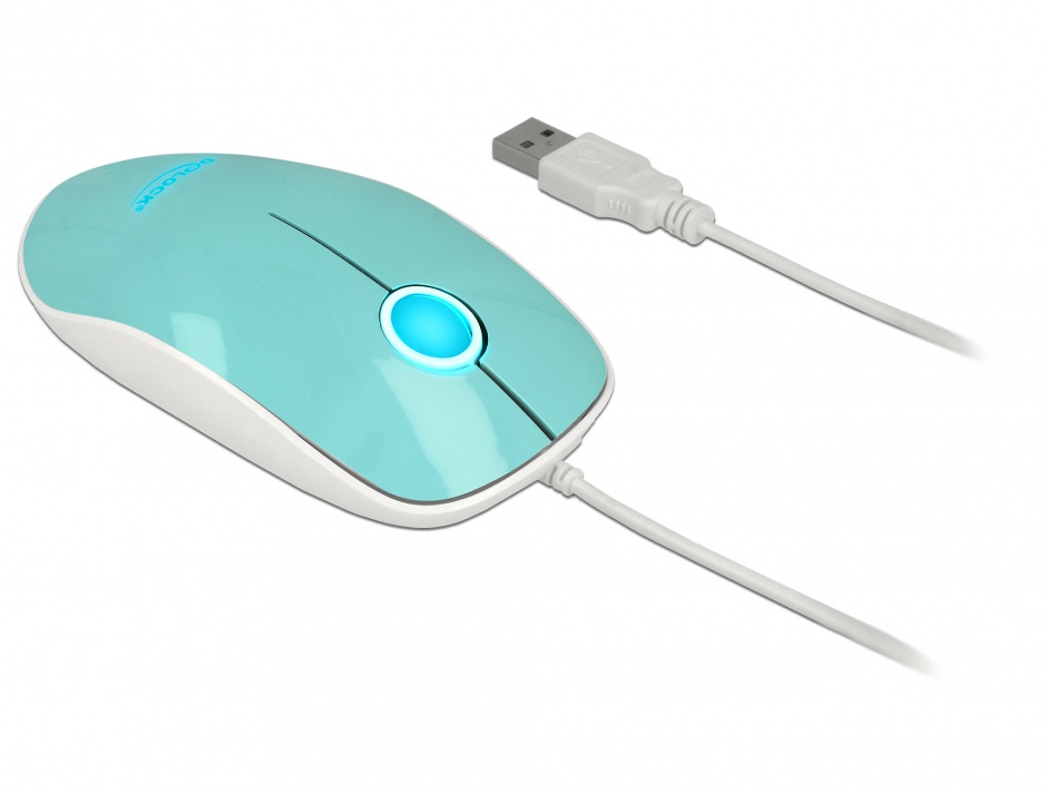 Imagine Mouse optic pe USB cu LED 3 butoane turcoaz, Delock 12538