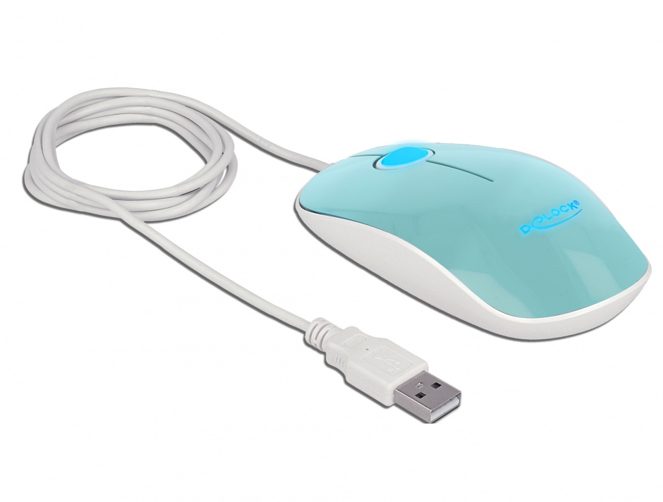 Imagine Mouse optic pe USB cu LED 3 butoane turcoaz, Delock 12538