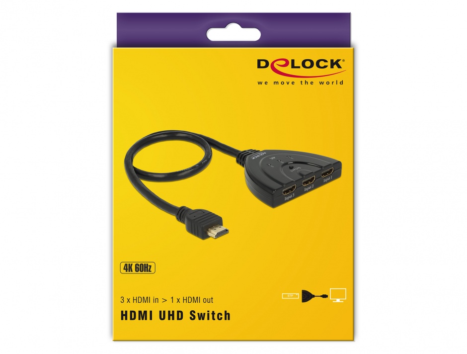 Imagine Switch HDMI 3 porturi UHD 4K + cablu integrat 0.5m, Delock 18600
