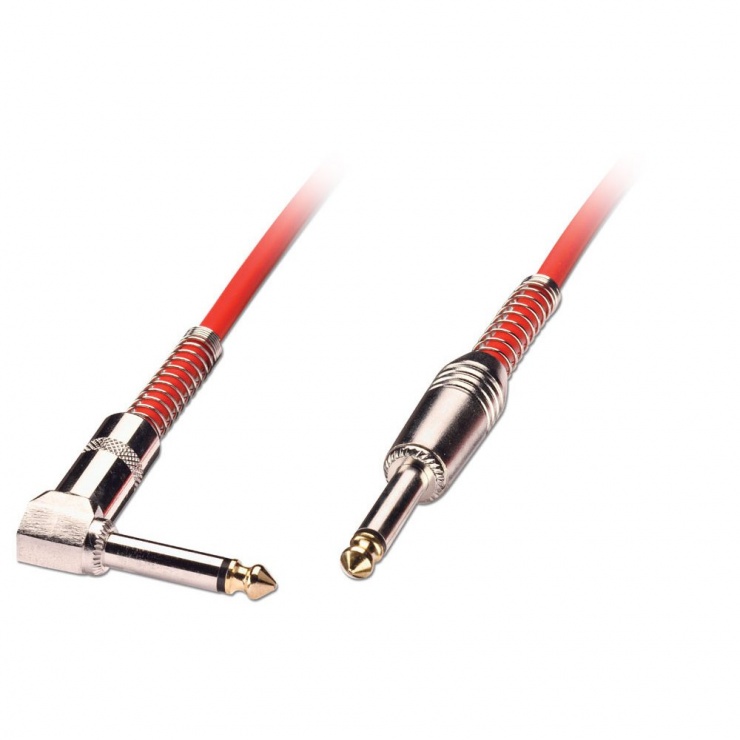Imagine Cablu audio jack mono 6.35mm (pentru chitara) unghi 90 grade T-T 1m Rosu, Lindy L6001