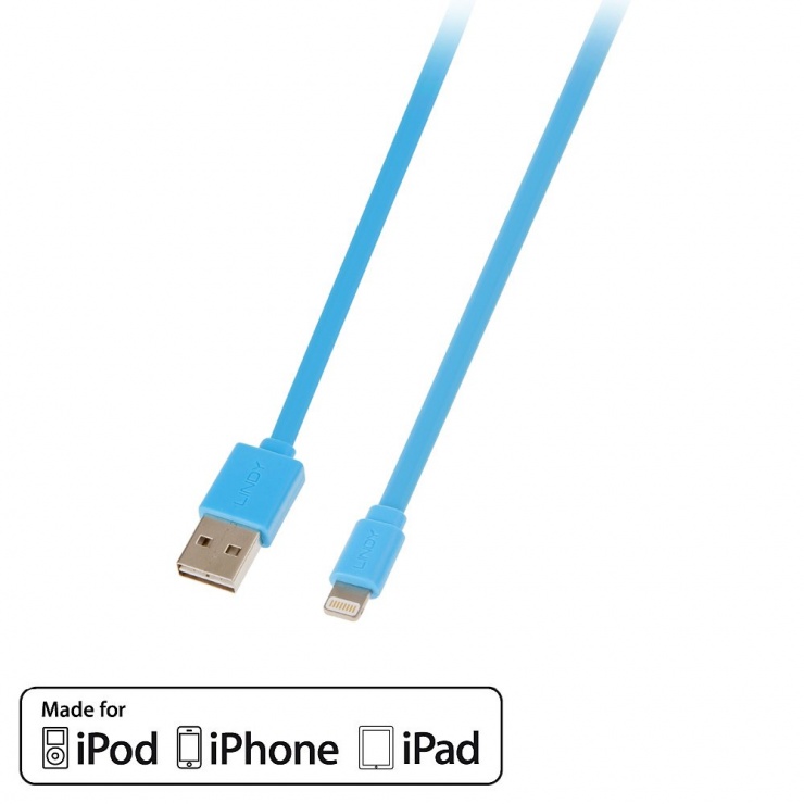 Imagine Cablu USB reversibil date + incarcare pentru iPhone 5/6 Lightning MFI 1m Bleu, Lindy L31391