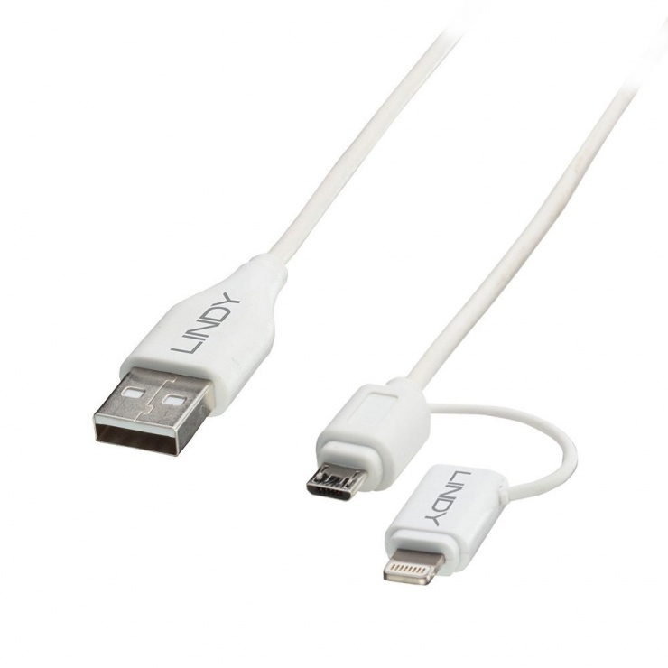 Imagine Cablu USB 2.0 la micro USB-B + adaptor Lightning MFI 1m, Lindy L31345
