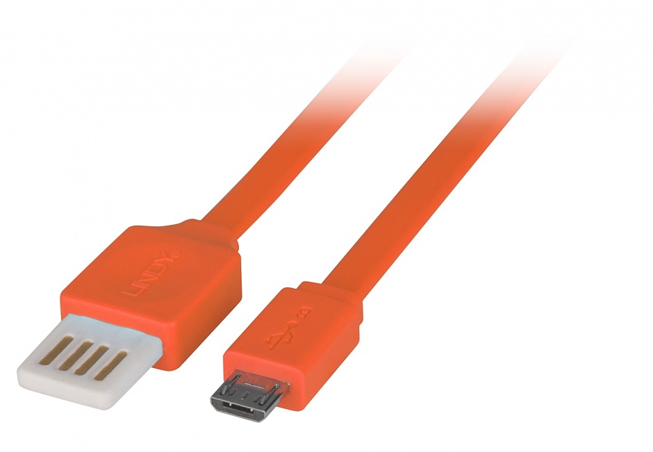 Imagine Cablu USB 2.0 la micro USB-B Flat reversibil 0.5m Orange, Lindy L30895