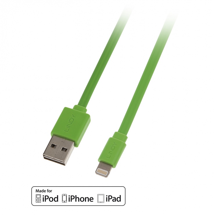 Imagine Cablu USB reversibil date + incarcare pentru iPhone 5/6 Lightning MFI 1m Verde, Lindy L31392