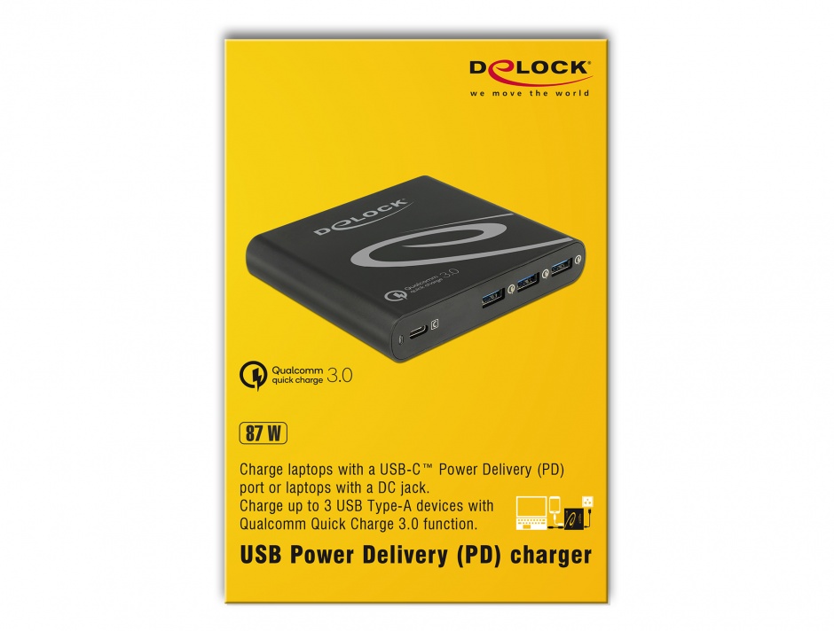 Imagine Incarcator priza la 1 x USB-C PD 85 W + 3 x USB-A Qualcomm Quick Charge 3.0 Negru, Delock 41431