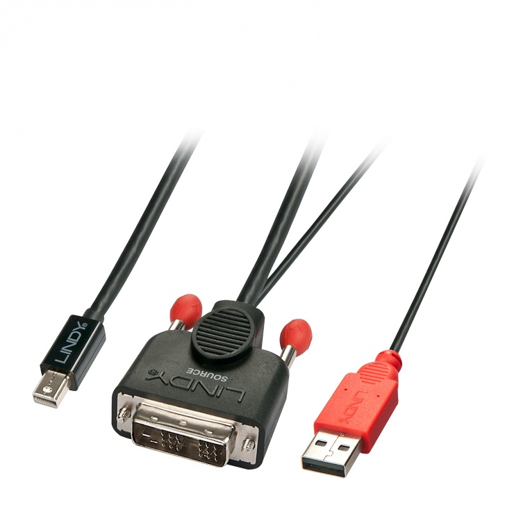 Imagine Cablu DVI-D la Mini Displayport Activ cu alimentare USB 1m Negru, Lindy L41996