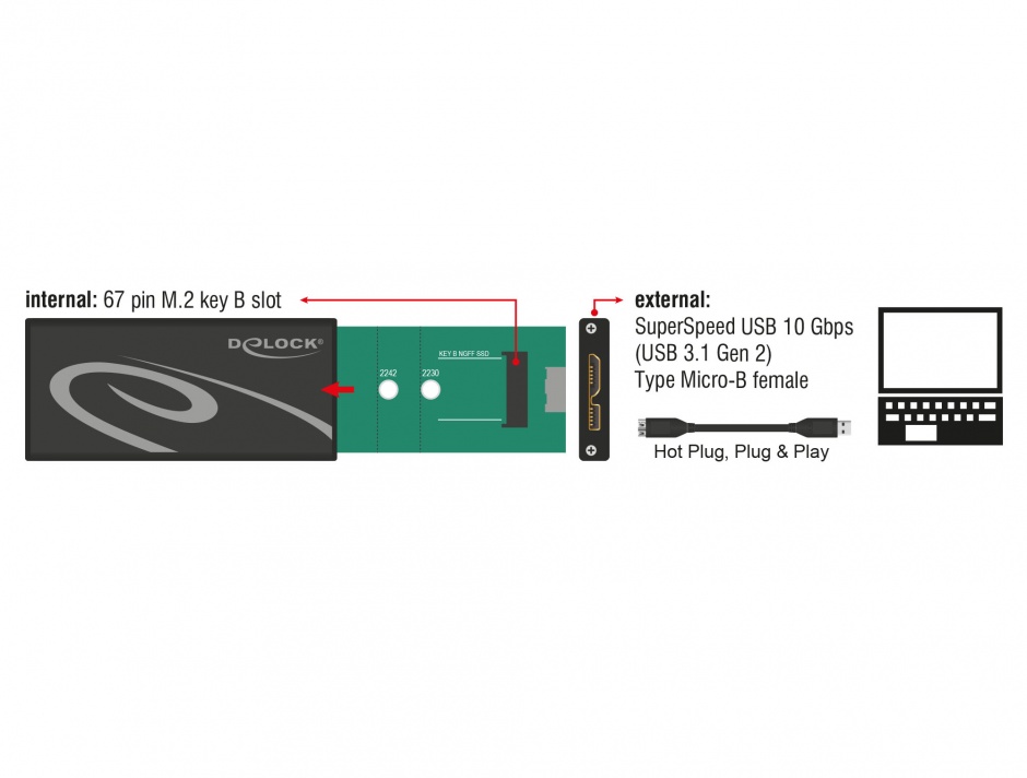Imagine Rack extern M.2 NGFF SSD key B la USB 3.1, Delock 42570