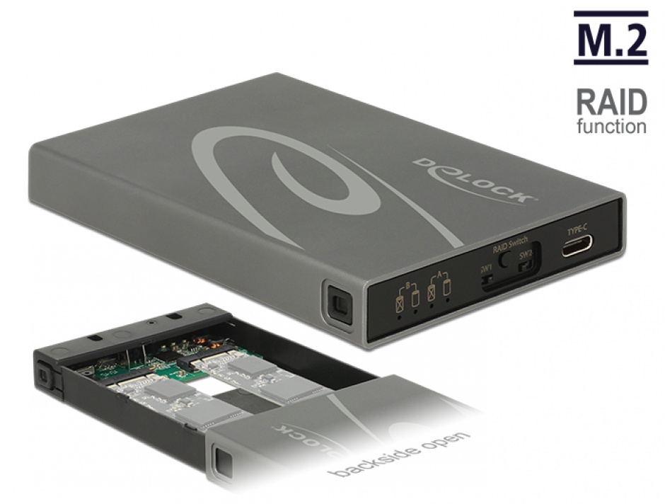 Imagine Rack extern 2 x M.2 Key B SSD la USB 3.1 Gen 2 USB-C cu RAID, Delock 42589