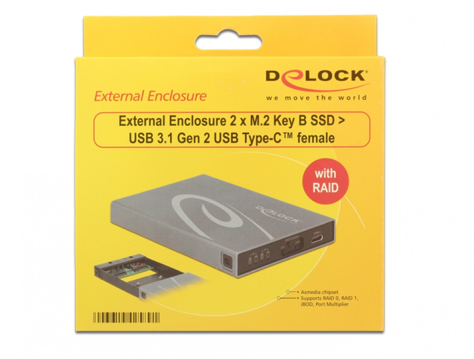 Imagine Rack extern 2 x M.2 Key B SSD la USB 3.1 Gen 2 USB-C cu RAID, Delock 42589
