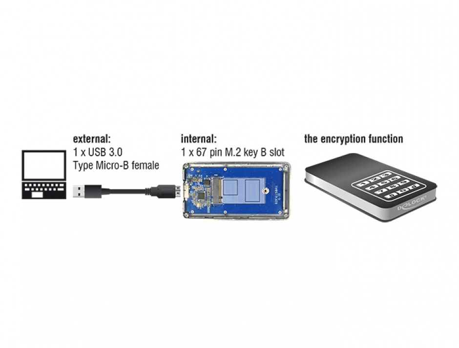 Imagine Rack extern M.2 Key B 42 mm SSD la micro USB-B 3.0 cu encryption function, Delock 42594