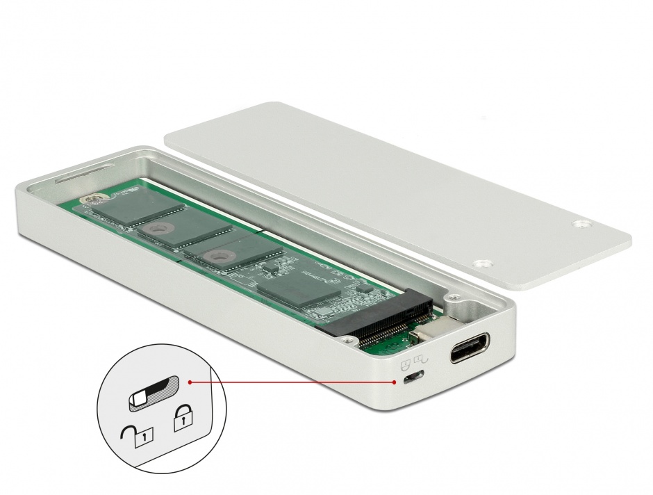 Imagine Rack extern M.2 Key B 42/60/80 mm SSD la USB tip C cu protectie la scriere, Delock 42599