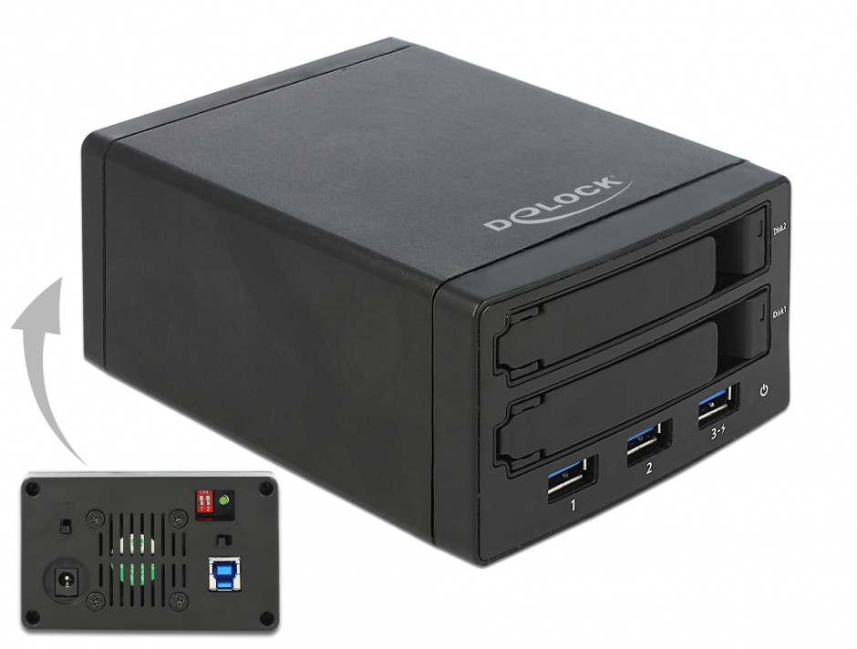 Imagine Rack extern pentru 2 x 2.5" SATA HDD / SSD cu RAID + HUB 3 x USB 3.0, Delock 42606