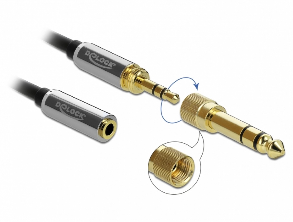 Imagine Cablu prelungitor spiralat jack stereo 3.5mm 3 pini T-M + adaptor 6.35mm 1m, Delock 85831