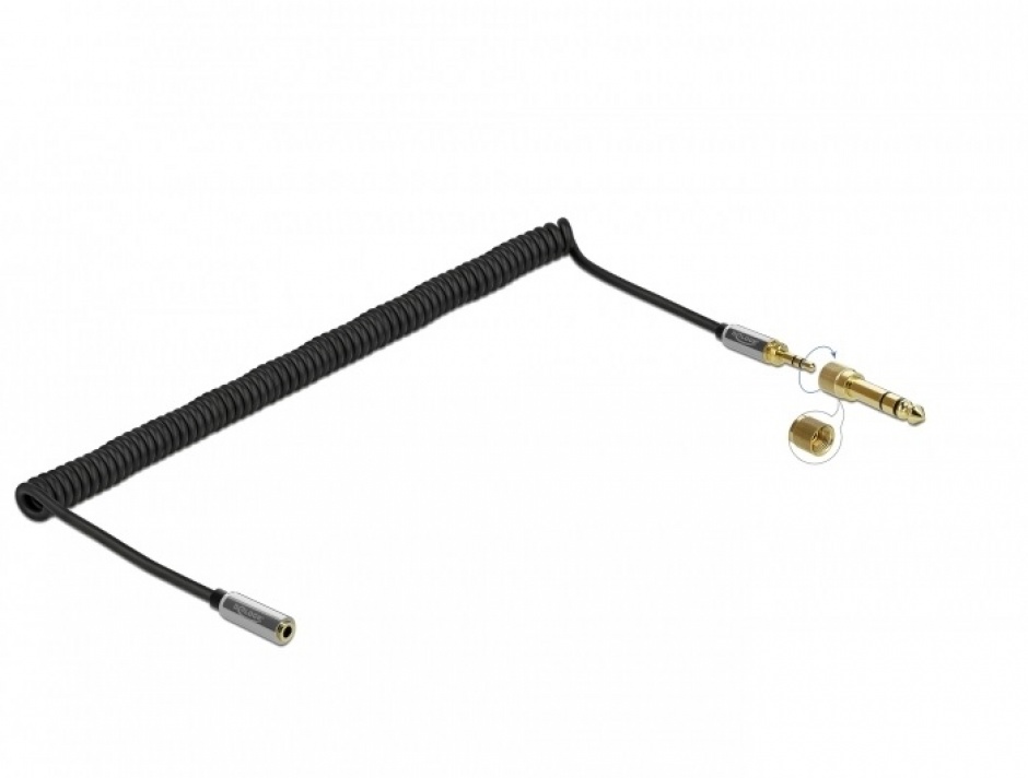 Imagine Cablu prelungitor spiralat jack stereo 3.5mm 3 pini T-M + adaptor 6.35mm 3m, Delock 85833