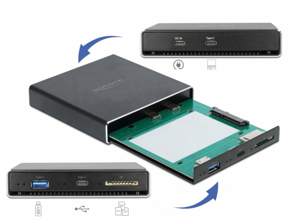 Imagine Rack extern USB-C pentru SATA HDD / SSD 2.5" + USB-C + USB-A + slot SD, Delock 42618