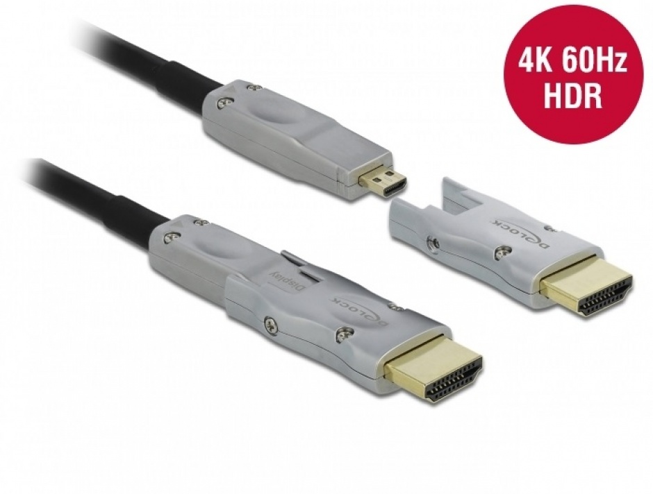 Imagine Cablu micro HDMI optic activ 4K@60Hz HDR - conectori HDMI detasabili T-T 25m Negru, Delock 85883