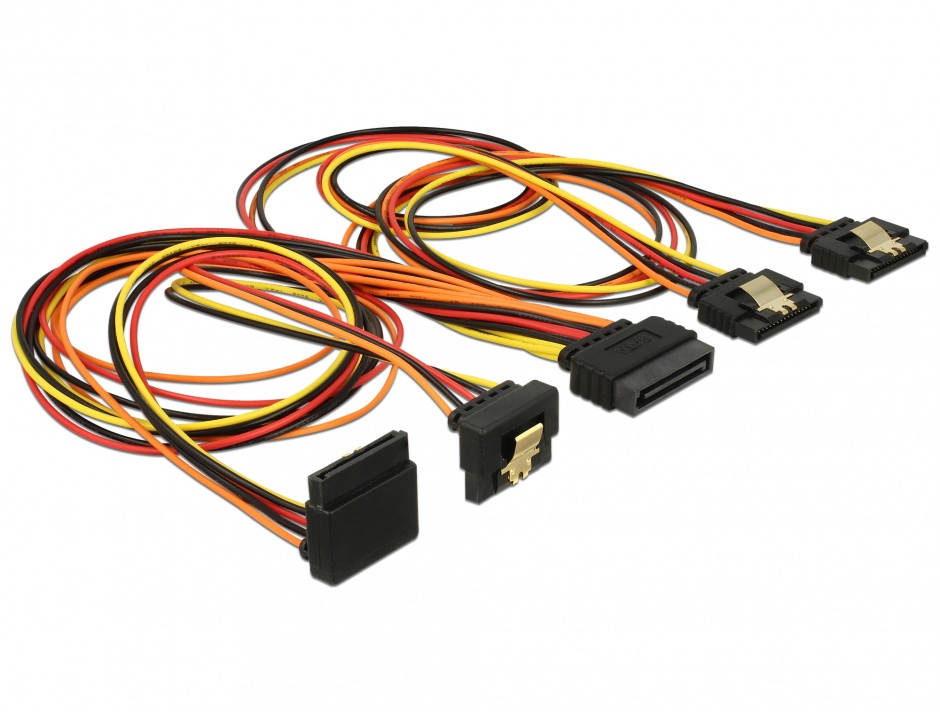 Imagine Cablu de alimentare SATA 15 pini la 2 x SATA drepte + 1 x unghi sus + 1 x unghi jos 50cm, Delock 601