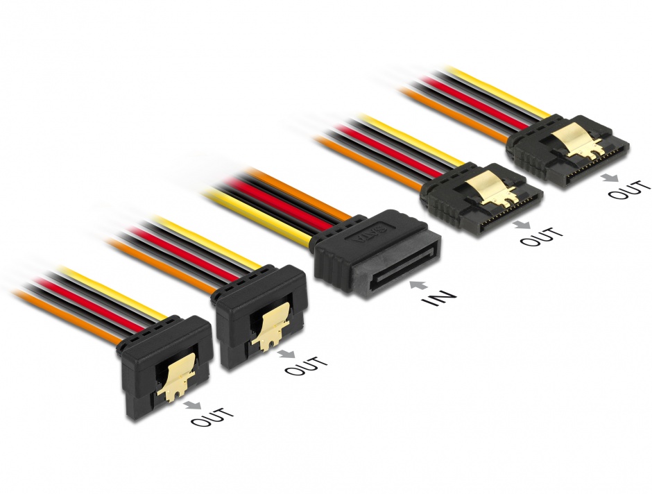 Imagine Cablu de alimentare SATA 15 pini la 2 x SATA drept + 2 x SATA unghi jos 50cm, Delock 60152