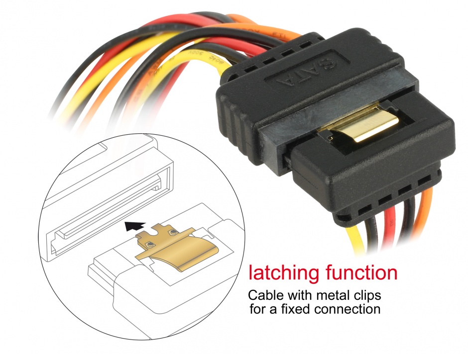 Imagine Cablu alimentare SATA 15 pini la 2 x SATA clips metalic unghi T-M 30cm, Delock 60159