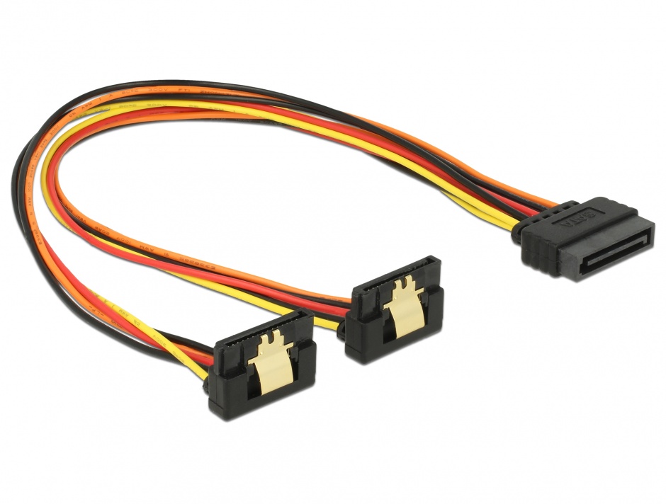 Imagine Cablu alimentare SATA 15 pini la 2 x SATA clips metalic unghi T-M 30cm, Delock 60159