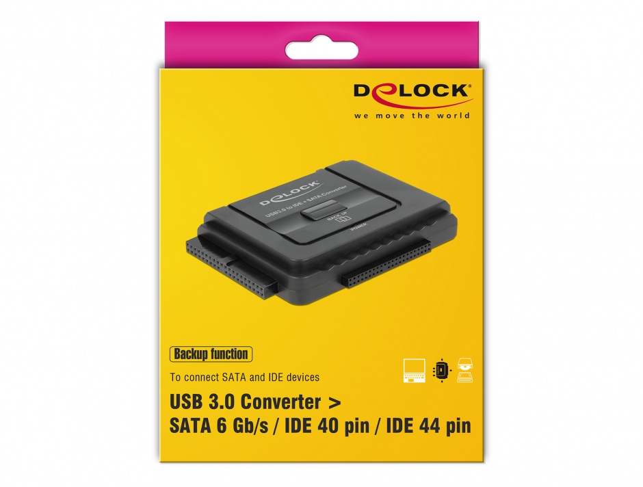 Imagine Adaptor portabil USB 3.0 la SATA III/IDE 40 pini/44 pini Functie Back-up, Delock 61486