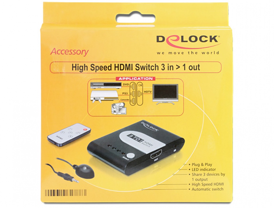 Imagine Switch HDMI Full HD 3 porturi cu telecomanda, Delock 61788