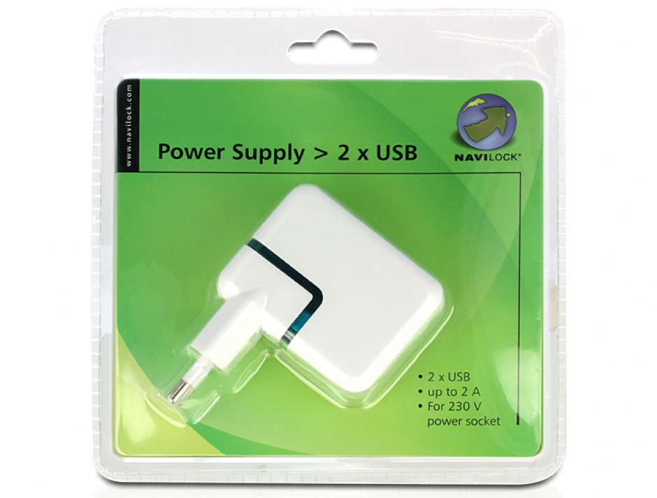 Imagine Incarcator priza cu 2 x USB 2A Alb, Navilock 62435 