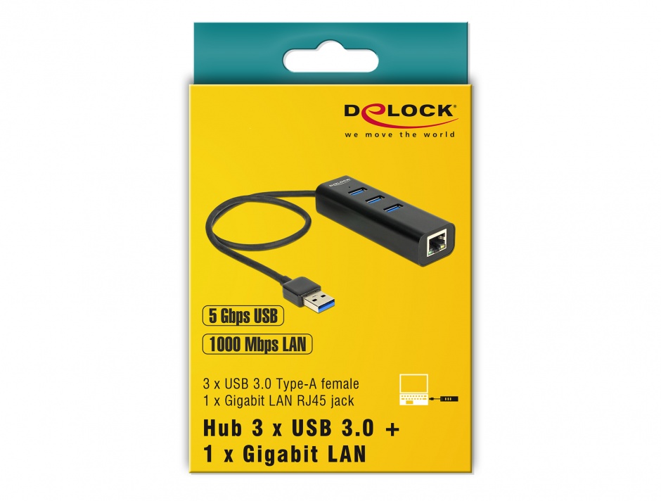 Imagine HUB USB 3.0 + 1 x port Gigabit LAN Negru, Delock 62653