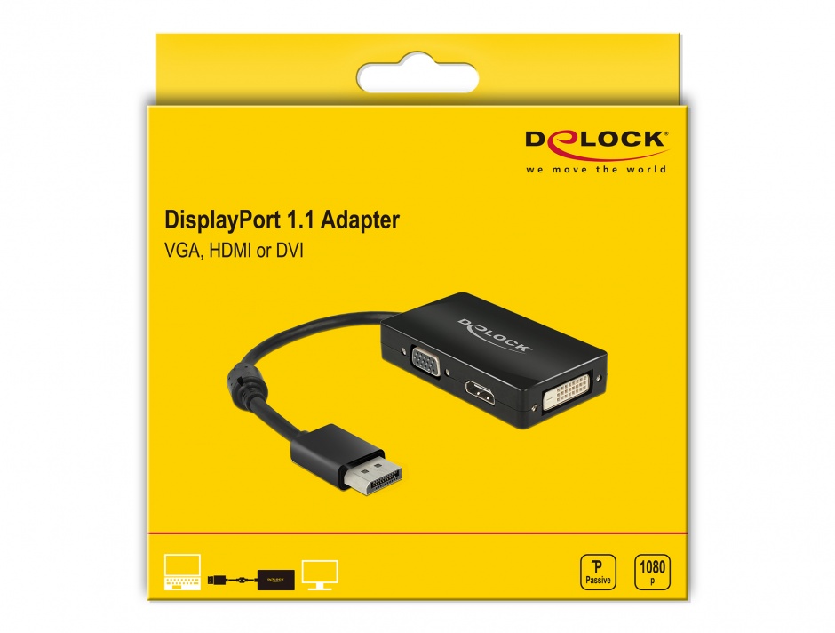 Imagine Adaptor Displayport la VGA / HDMI / DVI pasiv T-M Negru, Delock 62656