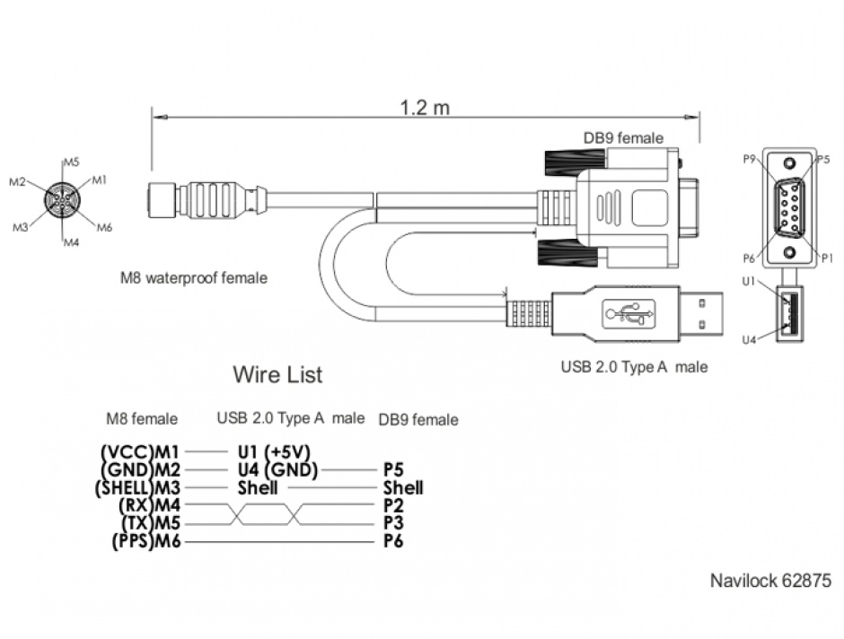 Imagine Cablu M8 waterproof la DB9 RS-232 1.2m M-M, Navilock 62875 