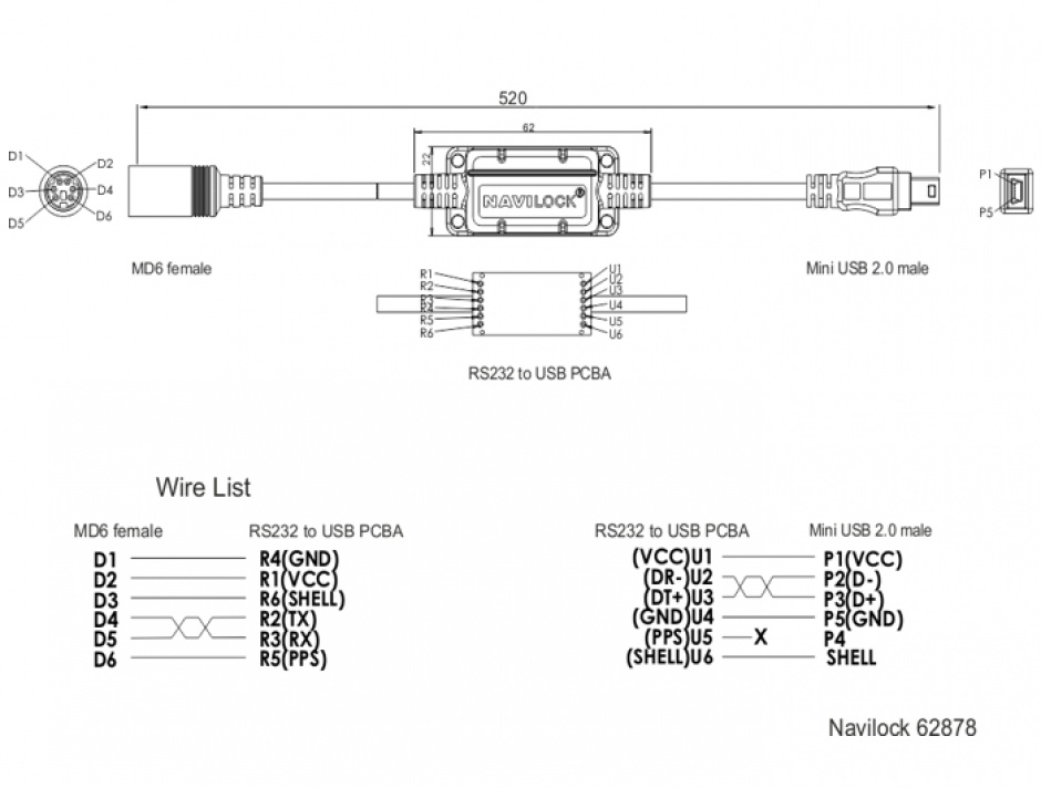 Imagine Cablu MD6 socket serial la Mini USB 52cm, Navilock 62878