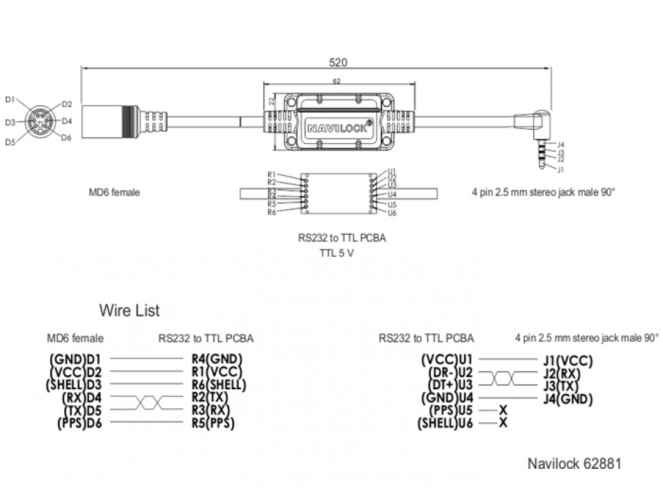 Imagine Cablu MD6 socket serial la jack 3.5 mm 4 pini unghi 90 grade TTL (5 V) 52cm, Navilock 62880