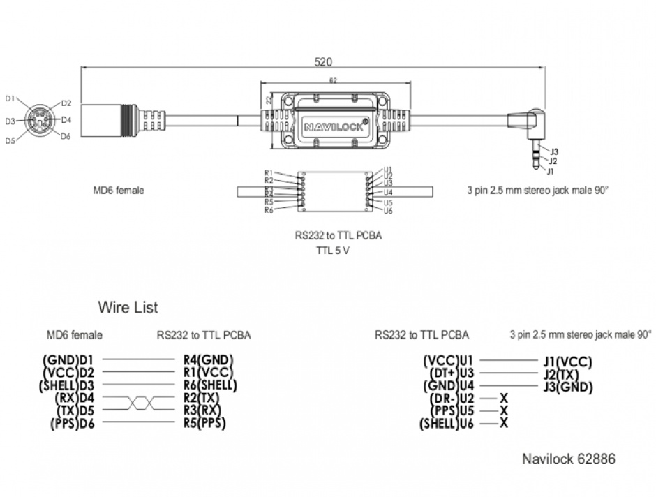 Imagine Cablu MD6 socket serial la jack 2.5 mm 3 pini 90° TTL (5 V) 52cm, Navilock 62886