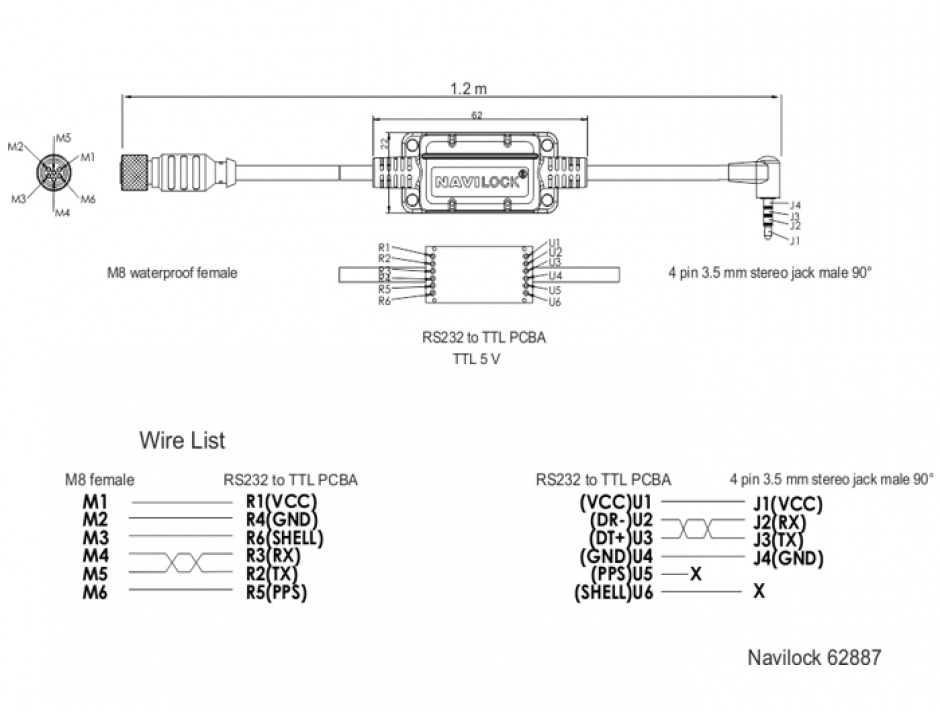 Imagine Cablu M8 waterproof la jack 3.5 mm 4 pini 90° TTL (5 V), Navilock 62887 