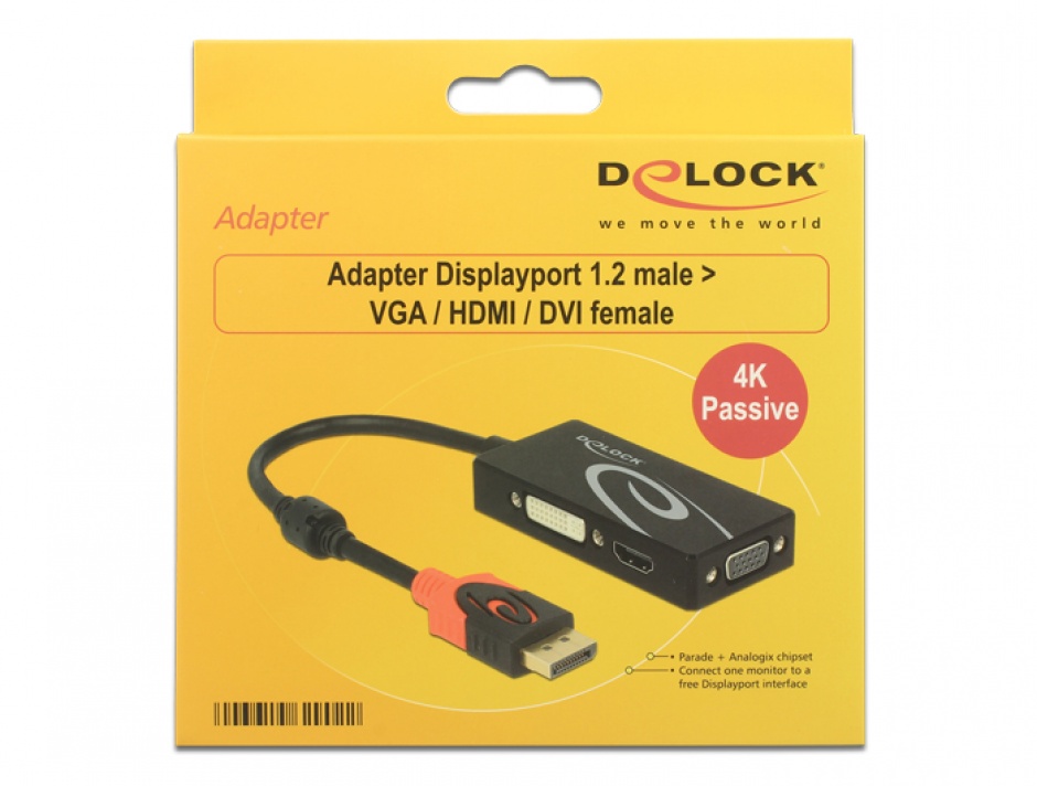 Imagine Adaptor Displayport 1.2 la VGA / HDMI / DVI 4K Pasiv T-M, Delock 62902