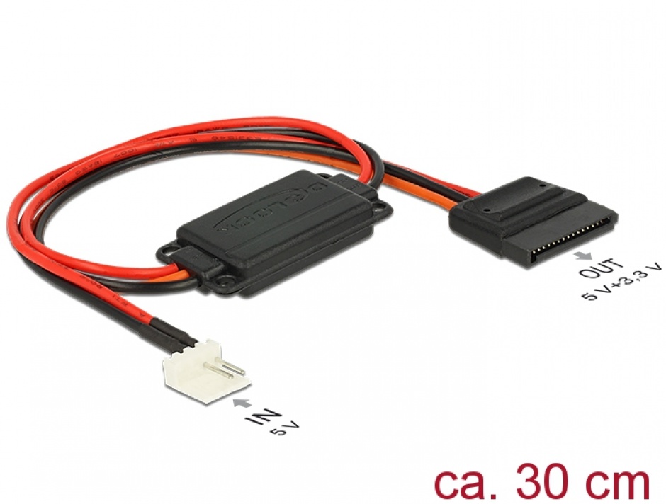 Imagine Cablu de alimentare conversie voltaj Floppy 4 pini 5V la SATA 15 pini 3.3V + 5V T-M, Delock 62906