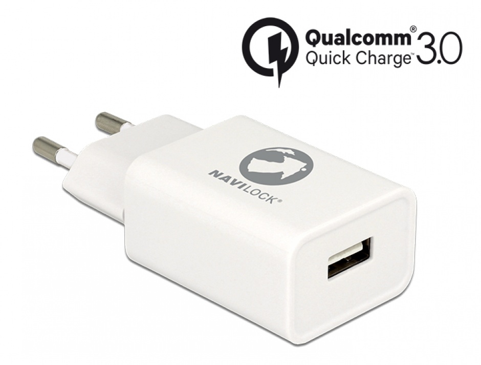 Imagine Incarcator priza cu 1 x USB Qualcomm Quick/Fast Charge 3.0 (incarcare rapida) Alb, Navilock 62969