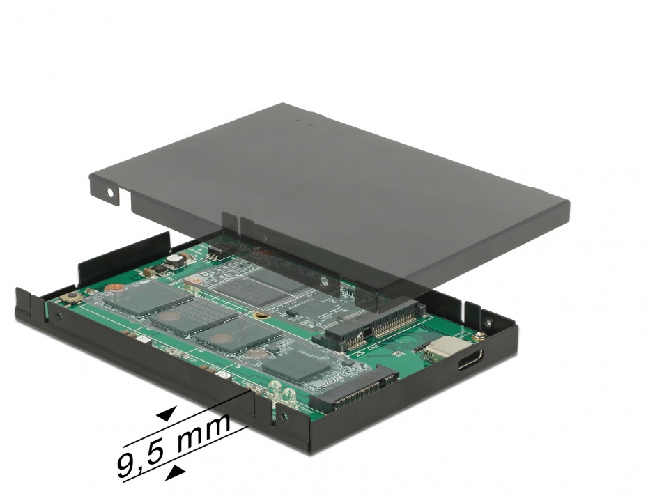 Imagine Rack extern 2.5" USB 3.1-C la M.2 + mSATA pana la 9.5mm, Delock 62986